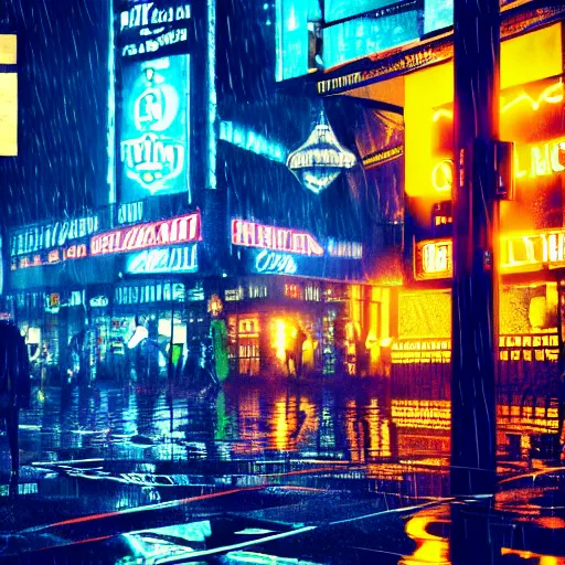 Image similar to highly detailed photorealistic image of batman from dc movies in rain, cyberpunk city street, blue and yellow neon lights, highly detailed reflection, studio quality 8k ultra high definition render, trending on ArtStation, real life quality image