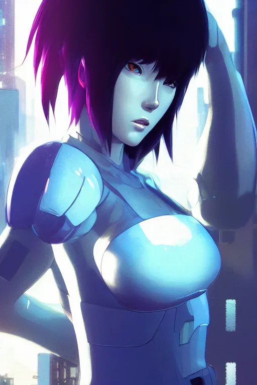 Image similar to a still fullbody portrait of motoko kusanagi ghost in the shell, finely detailed features, closeup at the faces, perfect art, at a cyberpunk city, gapmoe yandere grimdark, trending on pixiv fanbox, by ilya kuvshinov, rossdraws, artgerm, octane render, unreal 3 d, volumetric light