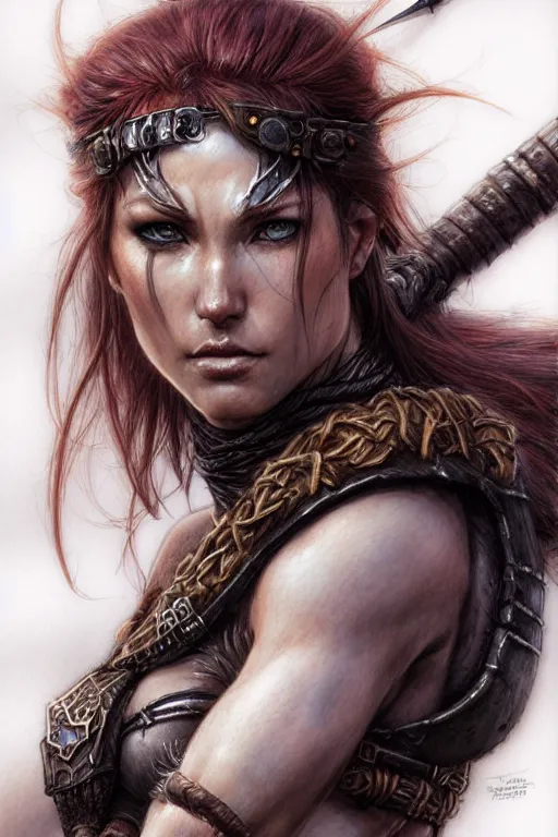 Image similar to portrait of a barbarian, female, high fantasy, dnd, face details, extremely detailed, smooth, sharp focus, digital illustration, by luis royo, magali villeneuve, donato giancola, wlop, krenz cushart, artgerm