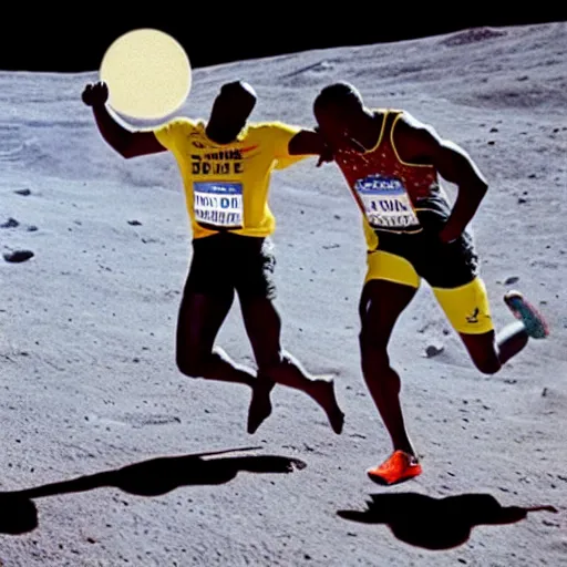 usain bolt racing against an astronaut on the moon, Stable Diffusion