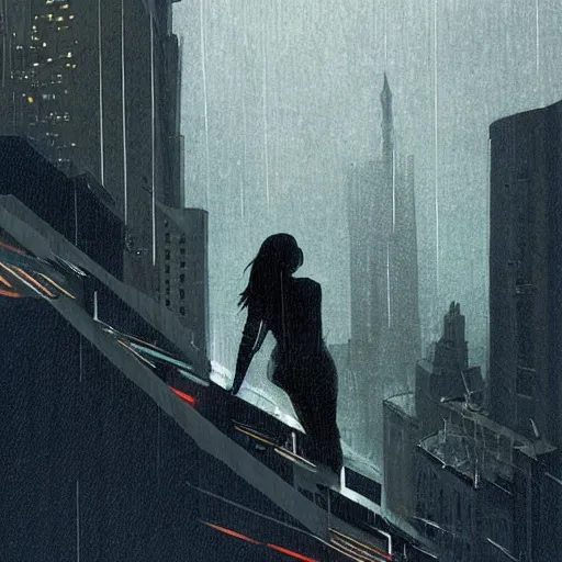 Image similar to “ a girl on a ledge overlooking futuristic new york city, ghostpunk, heavy rain, high detail, by moebius ”