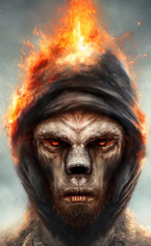 Image similar to portrait of a bear beast - man wearing a turban, with fire in his eyes, wear bloodborne, concept art trending on artstation photorealistic image 8 k