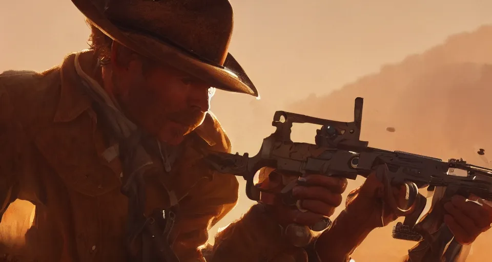 Prompt: cowboy in a gun fight, close up, hyperdetailed, artstation, cgsociety, golden hour 8k