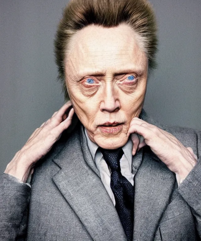 Prompt: a color photograph of christopher walken, by annie leibovitz and thomas ruff, platinum blond, intense, bold, exaggerated, overblown, ultra sharp, extra details, ultra high quality, trending on pinteresst