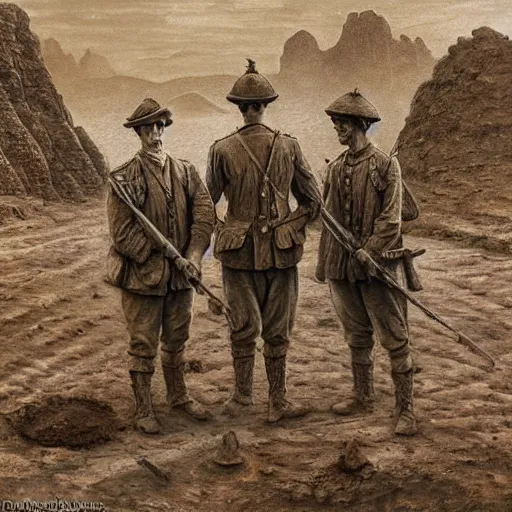 Image similar to ultra detailed photorealistic sepia - toned painting from 1 9 1 7, three british soldiers standing at an archaeological dig site in wadi rum, ultra realistic, painted, intricate details, lovecraft, atmospheric, dark, horror, brooding, highly detailed, by dave dorman