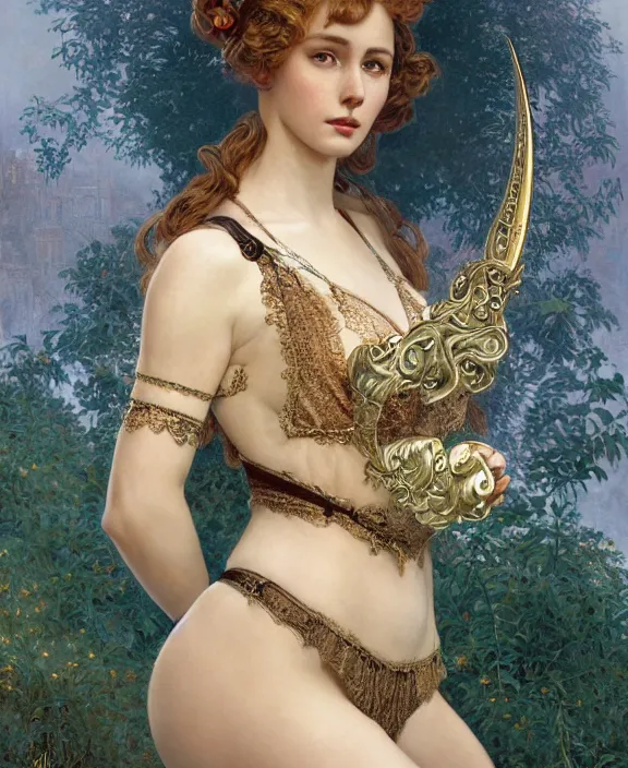 Image similar to the moon goddess, intricate and detailed lace set, suspenders, honey birdette, realistic renaissance portrait, highly detailed, digital painting, artstation, concept art, smooth, sharp focus, cinematic lighting, art by john collier, artgerm and greg rutkowski and alphonse mucha and jacques louis david and john william godward