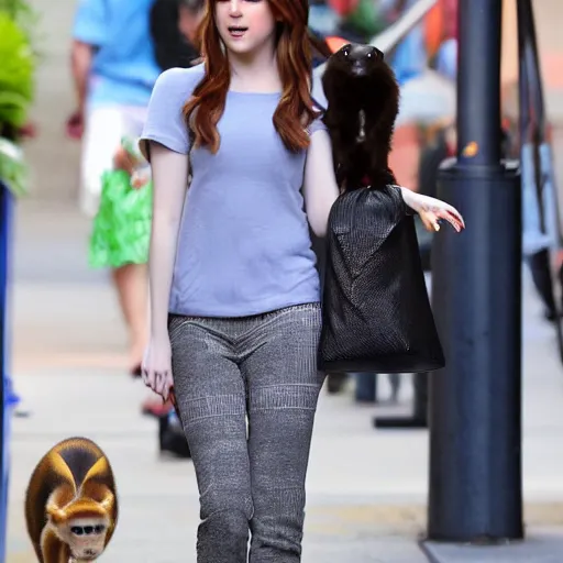 Prompt: paparazzi photo of Anna Kendrick walking her pet monkey