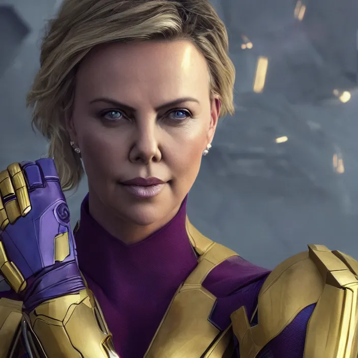 Prompt: portrait of ((Charlize Theron)), wearing The Infinity Gauntlet. SNAP. intricate artwork. octane render, trending on artstation, avengers. thanos. cinematic, hyper realism, high detail, octane render, 8k, iridescent accents