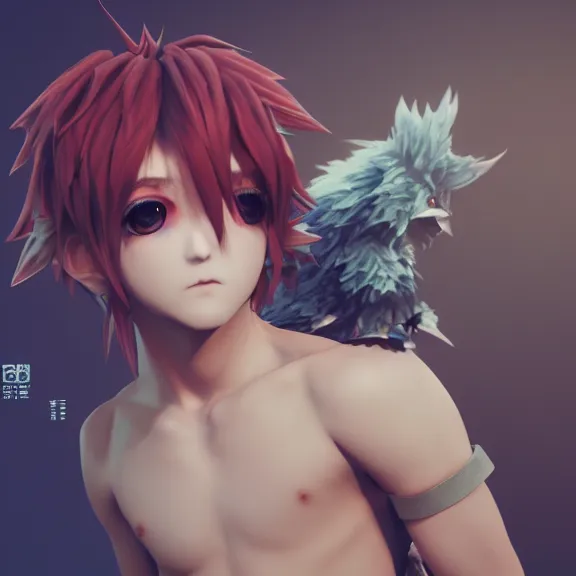 Image similar to 3D render of a cute emo anime boy, fantasy artwork, fluffy, close-up, award winning, hyper detailed, very very very beautiful, studio lighting, artstation, unreal engine, unreal 5, 4k, octane renderer