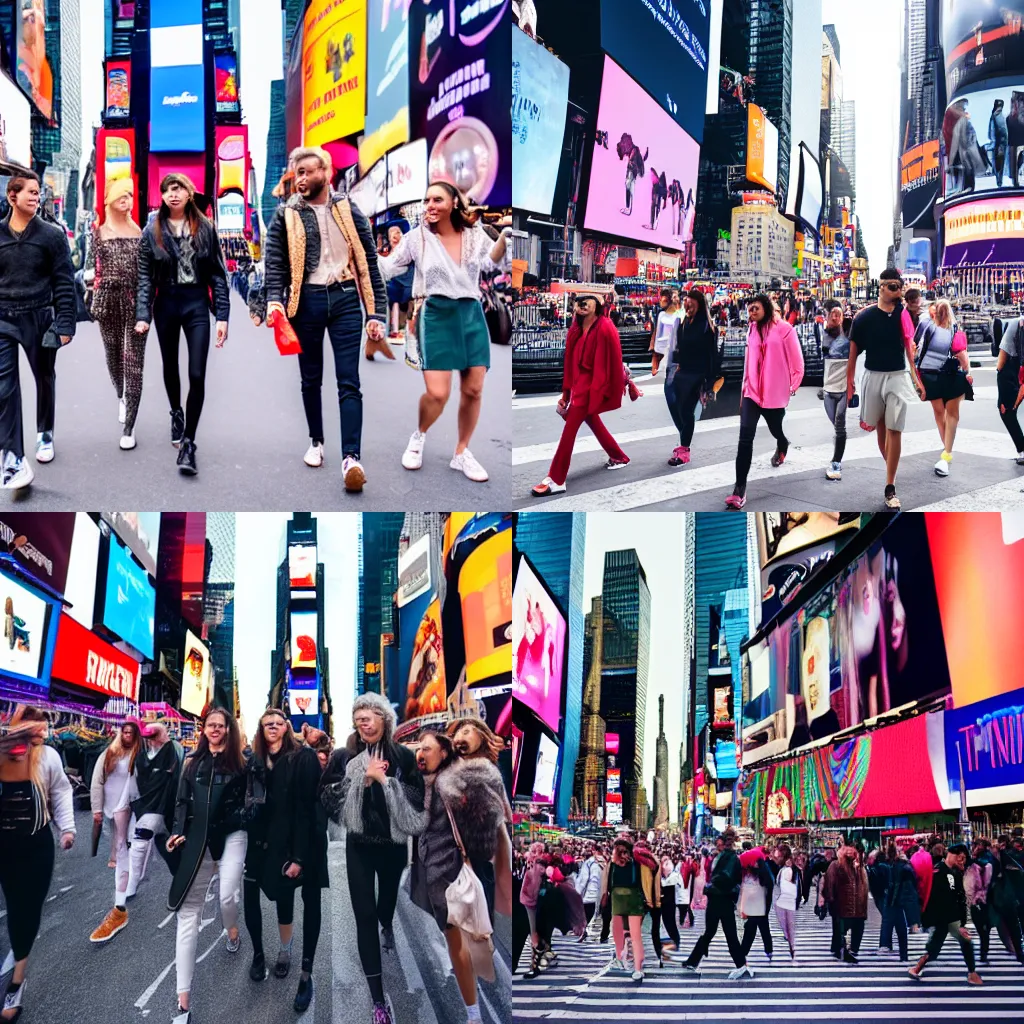 Prompt: group of people with aesthetic outfits walking down in times square, 8k photograph, instagram post