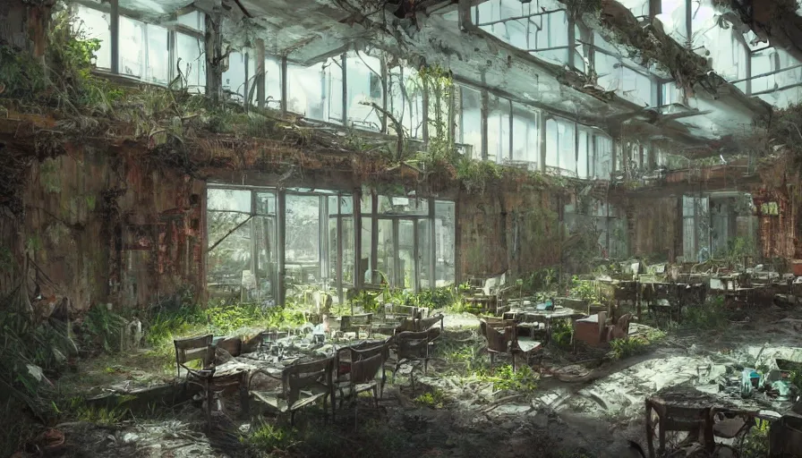 Prompt: Interior of a dusty abandoned restaurant with a bit of vegetation, hyperdetailed, artstation, cgsociety, 8k