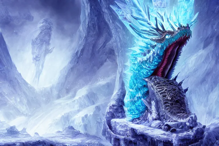 Image similar to frozen dragon in a giant throne of ice, mystical, digital painting, mixed media, trending on artstation and deviantart, epic composition, highly detailed, 8 k