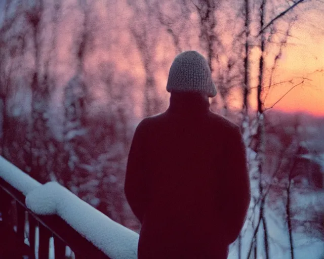 Prompt: lomographic tarkovsky film still of 4 0 years russian man with beard and sweater standing on small hrushevka 9 th floor balcony in winter taiga looking at sunset, cinestill, bokeh