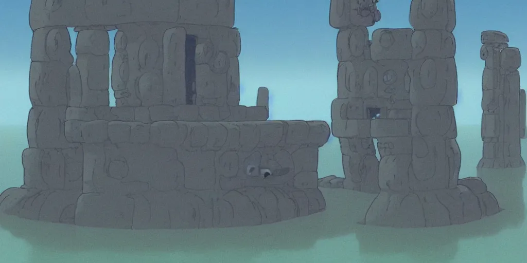 Image similar to a realistic cell - shaded studio ghibli concept art from paprika ( 2 0 0 6 ) of a flying intelligent dull grey mechanical octopus from close encounters of the third kind ( 1 9 7 7 ) in a flooded monument valley stonehenge. very dull colors, wide shot, hd, 4 k, hq