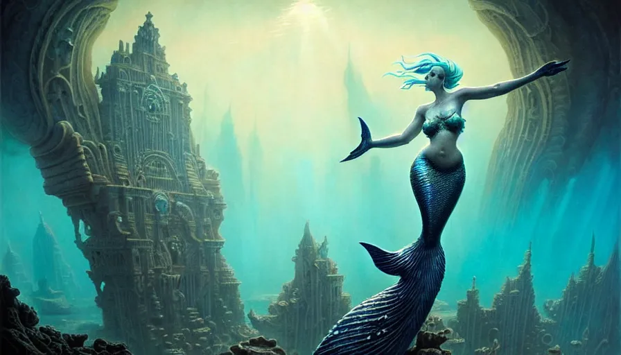 Image similar to a graceful mermaid looking at the sunken city of Atlantis deep under water, stunning undersea intricate detailed grand architecture in the style of Joe Fenton, art style by Greg Rutkowski and Mohrbacher, deep underwater scene, dark and moody, rays of sunlight, faint volumetric god rays, grim crushing atmosphere, trending on artstation, masterpiece, claustrophobic, 8k octane beautifully detailed render, post-processing, extremely hyperdetailed, intricate, epic composition, grim yet sparkling atmosphere, cinematic lighting + masterpiece, trending on artstation, very detailed