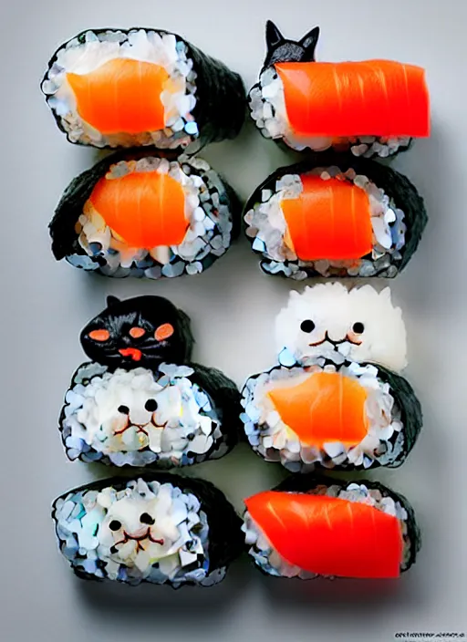 Image similar to clear photorealistic picture of adorable cats made out of sushi