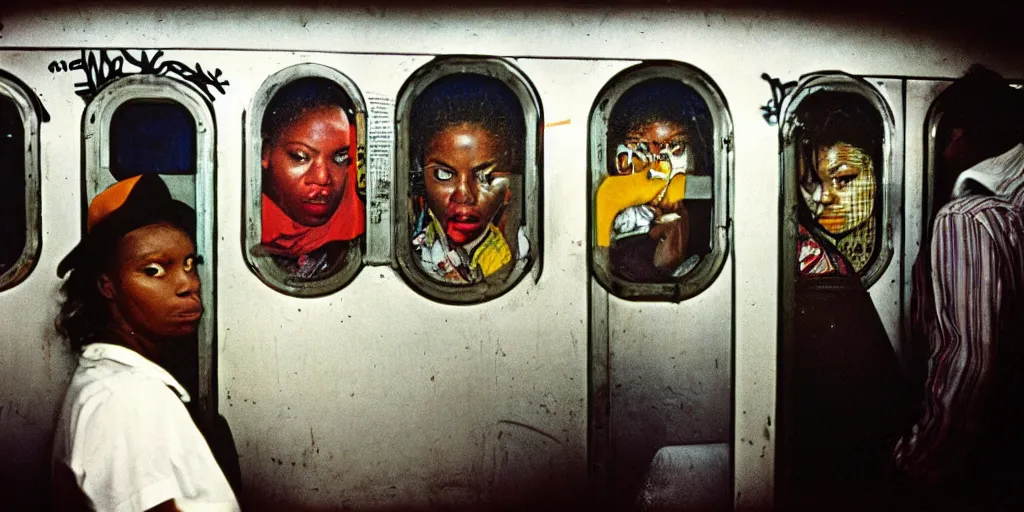 Prompt: new york subway cabin 1 9 8 0 s inside all in graffiti, woman closeup, coloured film photography, christopher morris photography, bruce davidson photography