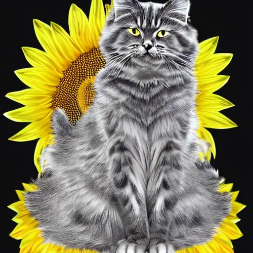 Prompt: Detailed furry silver Siberian cat kissing a black cat with sunflower background, digital art