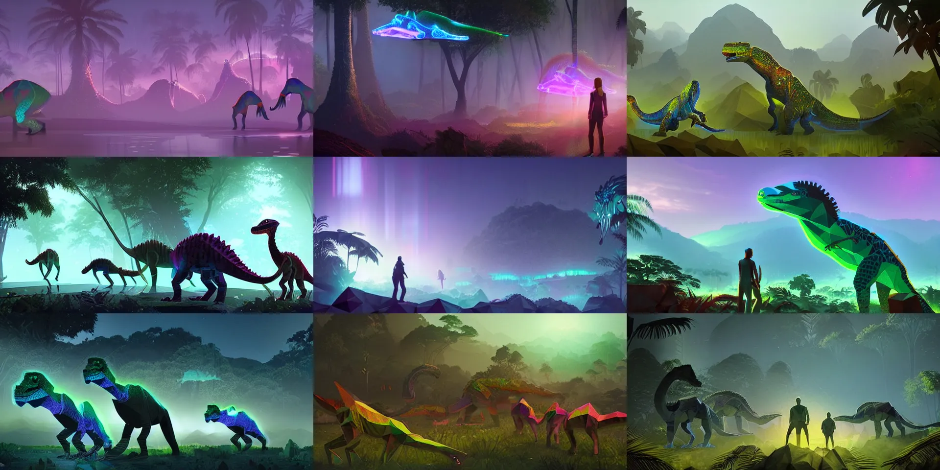 Prompt: lowpoly holographic glowing dinosaurs, aurora lizards, foggy jungle in the background, by greg rutkowski