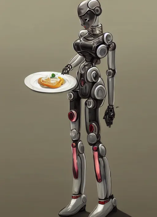 Prompt: a robot wearing a maid dress, holding a plate, full body shot, highly detailed, digital painting, artstation, concept art, smooth, sharp focus, illustration
