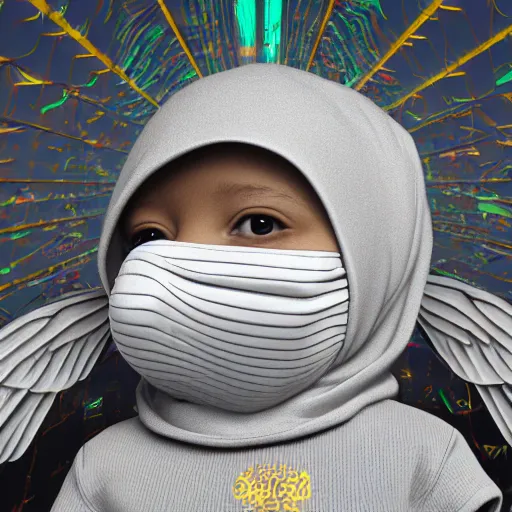 Prompt: a high tech 3 d rendering of a a baby cherub angel wearing a balaclava face mask, ski mask, face covered, covered face, fixed eyes, tattoos, multiple gold cuban chain necklace, graffiti in background octane render, blender