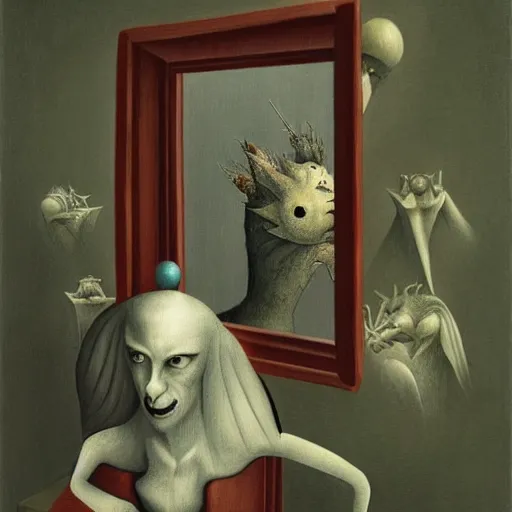 Image similar to a creature with distinct personality by ashley wood, leonora carrington, hieronymus bosch and mark ryden, alone in a hotel room : : close - up portrait through a mirror : : surrealist artwork : : ultra - detailed technical precision : : matte painting, high definition 3 d render, unreal engine