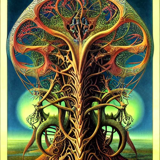 Prompt: divine chaos engine by roger dean and andrew ferez, art forms of nature by ernst haeckel, tree of life, symbolist, visionary, art nouveau, organic fractal structures, surreality, detailed, realistic, ultrasharp