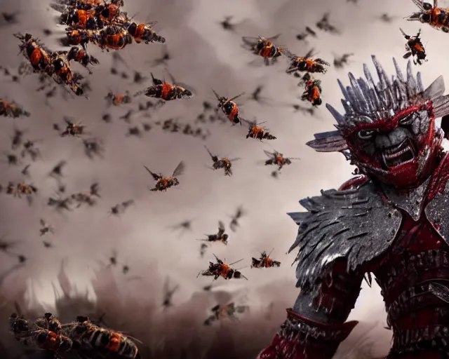 Prompt: justin sun as night king versus huge crimson warrior bees, 4 k, epic, cinematic, focus, movie still, fantasy, extreme detail, atmospheric, dark colour, sharp focus