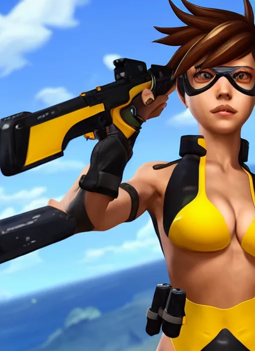 Image similar to tracer game character, in yellow bikini, blonde hair, black eyes, full height