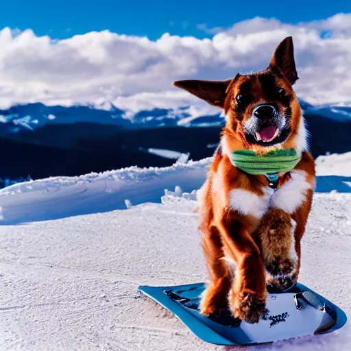 Prompt: photo of dog snowboarding, kodak ultramax 400, 35mm, full-HD