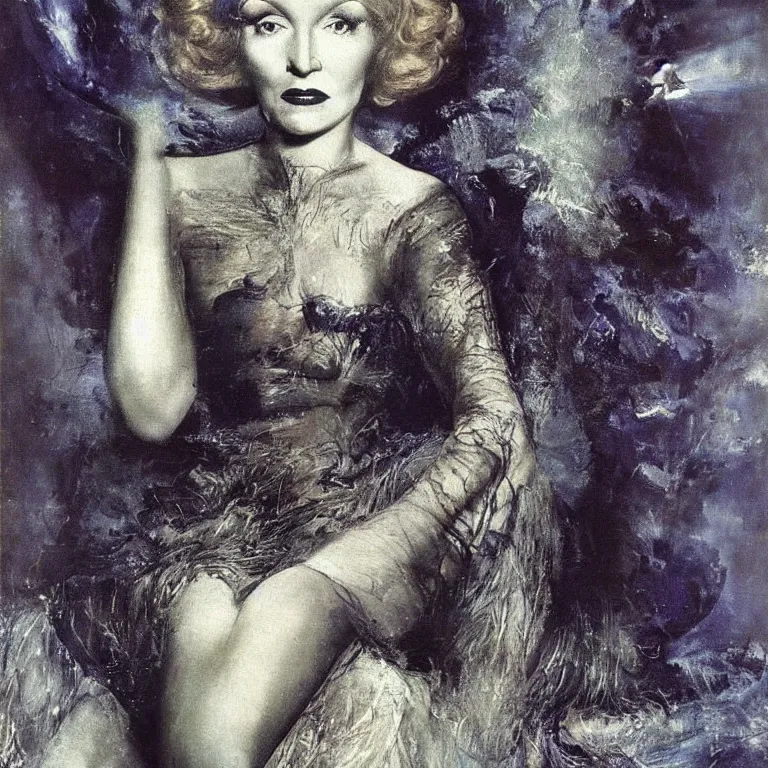 Image similar to A painting of Marlene Dietrich. By l Greco, Remedios Varo, Salvador Dali, Carl Gustav Carus, John Atkinson Grimshaw. Blue tint.