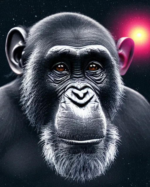 Image similar to very detailed high resolution illustration of a chimpanzee, backlit, stars, night, surrounded, 3 d, 8 k, extremely detailed, artstation, award winning