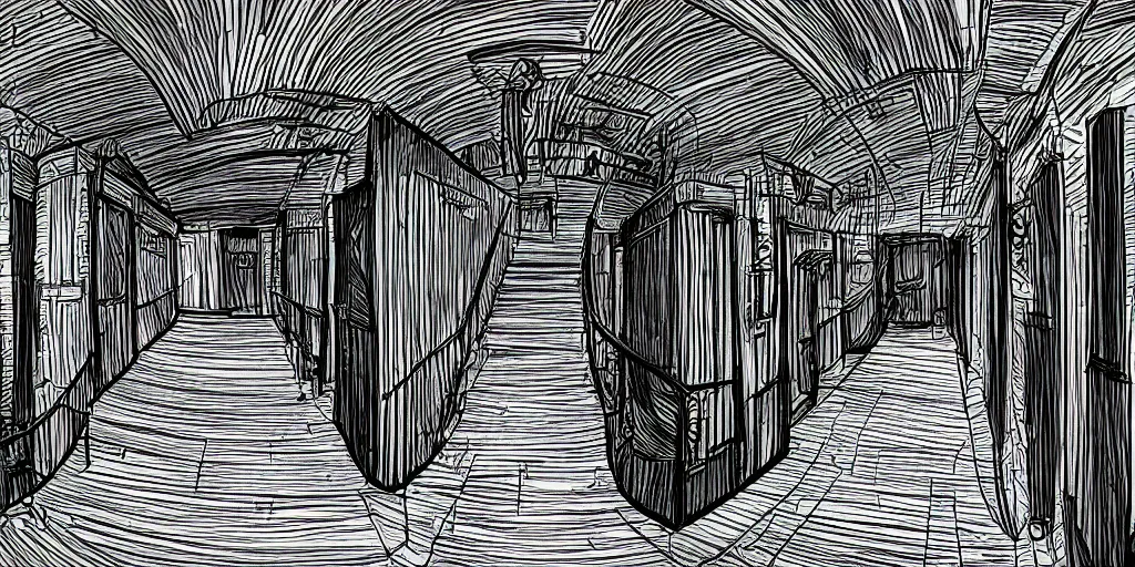 Image similar to a theater access corridor with dim lights, 3 doors, 1 staircase, color draw, day of the tentacle style, fish eye, drawn by Scott C