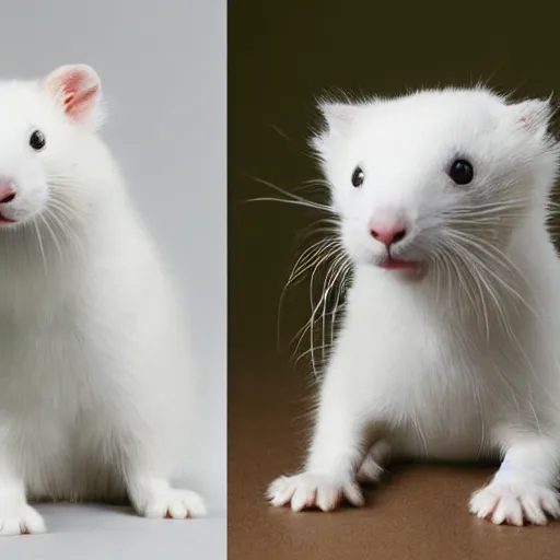 Image similar to singular animal that is white cat cross white rabbit cross white ferret, studio photography