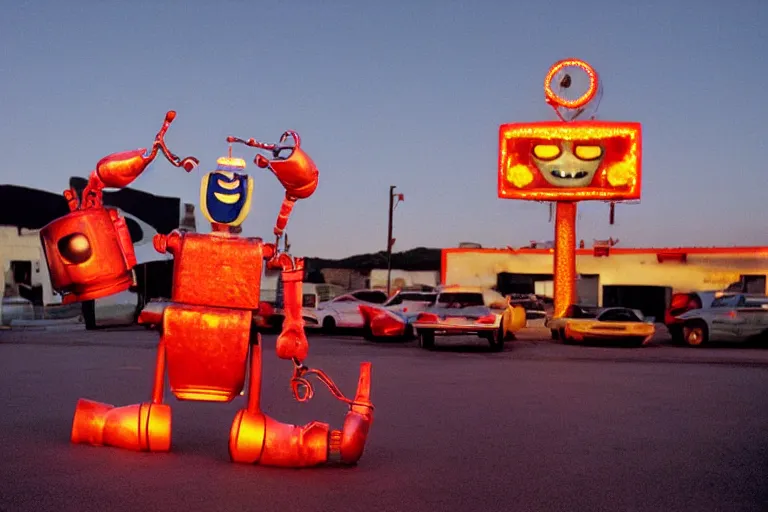 Image similar to robot clown relaxing at a california drive in, in 2 0 0 2, cutecore clowncore, bathed in the the glow of the sunset, low - light photograph, in style of tyler mitchell