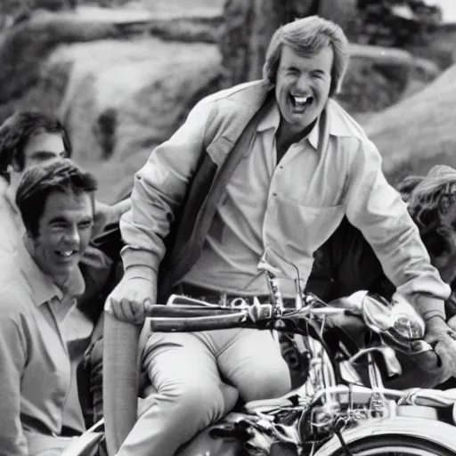 Prompt: kevin tighe laughing as he rides on top of randy mantooth