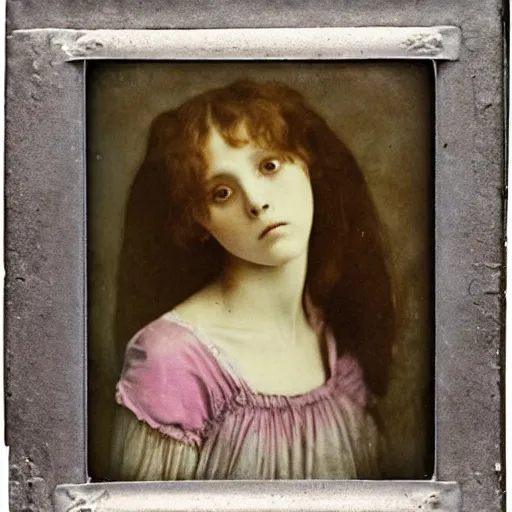 Image similar to a beautiful young lady with huge bright silver eyes, colored vintage daguerreotype by pontormo, by gustave moreau, by Mackintosh, art noveau, highly detailed, strong lights, liminal, eerie, Bright pastel colors