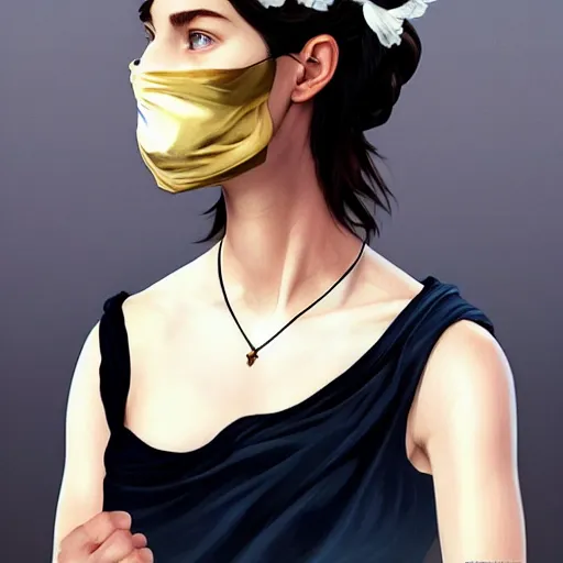 Image similar to 1 5 year old white girl with a white shirt that has one shoulder visible, wears black sports shorts and a golden mask on her face, intricate, highly detailed, digital painting, artstation, concept art, smooth, sharp focus, illustration, unreal engine 5, 8 k, art by artgerm and greg rutkowski and alphonse mucha