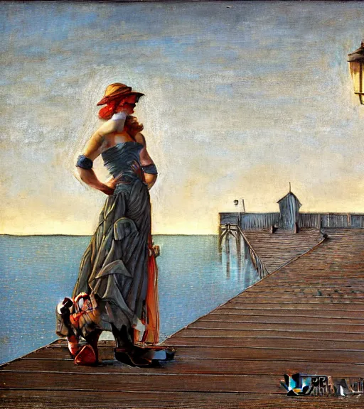 Image similar to a fancy beautiful young lady standing on a wharf at the edge of the sea by brom and gil elvgren and jean delville and william blake and norman rockwell and dan mumford, crisp details, hyperrealism, high detail, high contrast, low light, grey mist, cobblestones, dim lantern
