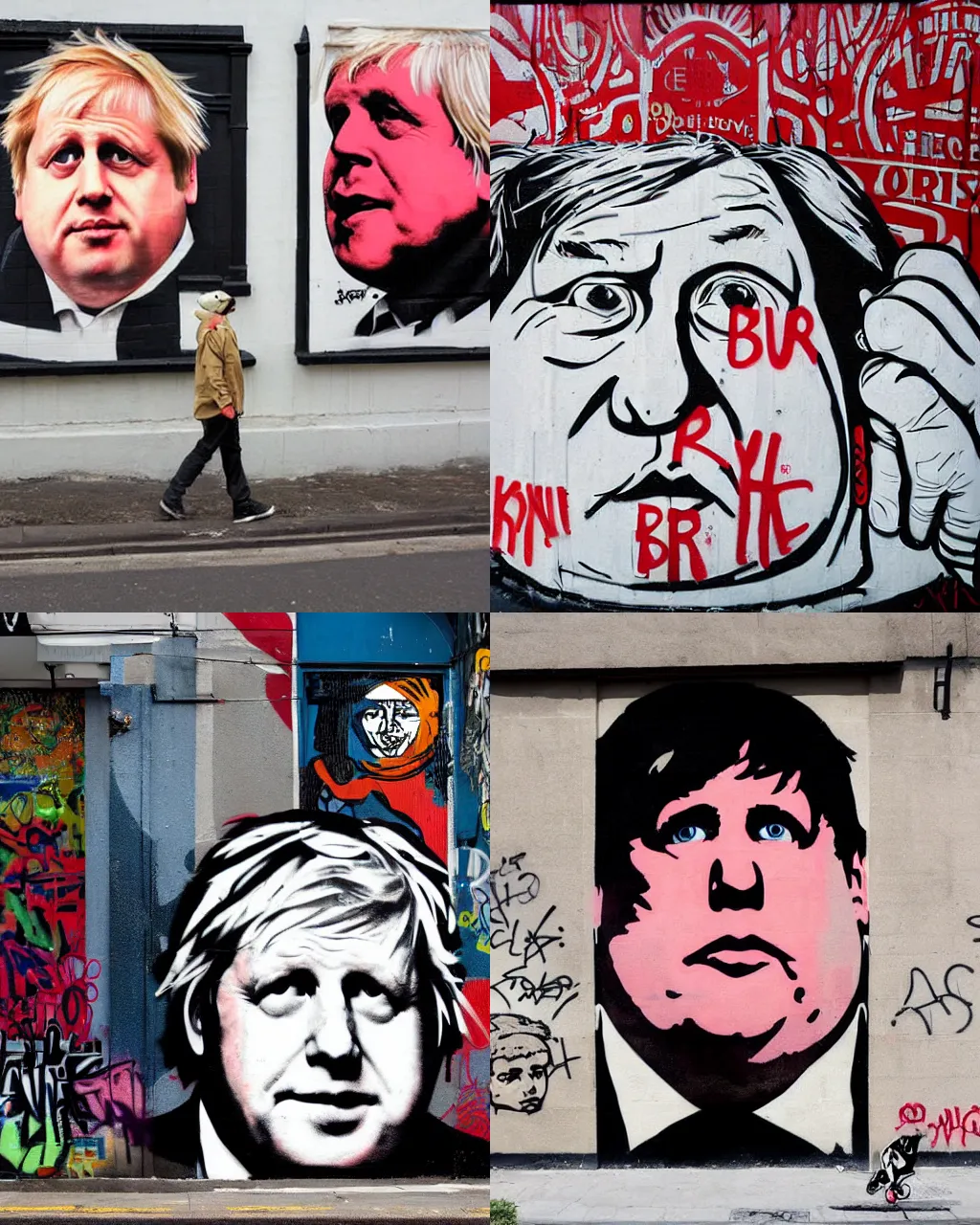 Prompt: graffiti portrait of obese boris johnson, street art by shepard fairey and banksy