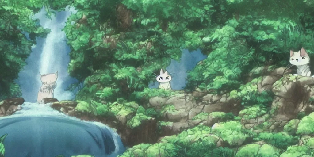 Image similar to ”cartoon cat looking at waterfall in forest, studio ghibli, miyazaki, anime”
