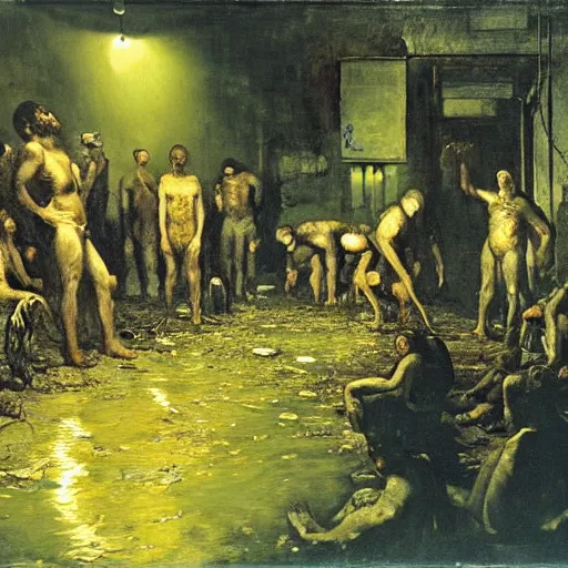 Image similar to realistic Courbet painting of a dark sci-fi laboratory at night, dark green ambient, zombiewalking dressed in rags made of guts and veins dripping golden shiny metalic fluid from ribcage to the floor. liquid shiny pool of gold on the floor.