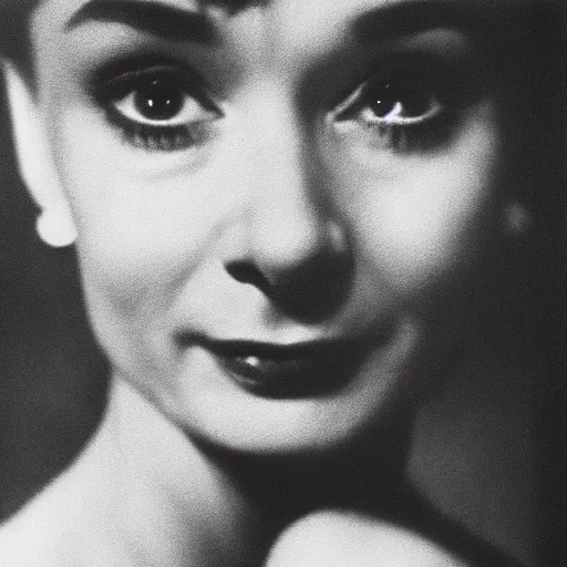 Prompt: photo of Audrey Hepburn by Diane Arbus, extreme closeup, black and white, high contrast, Rolleiflex, 55mm f/4 lens