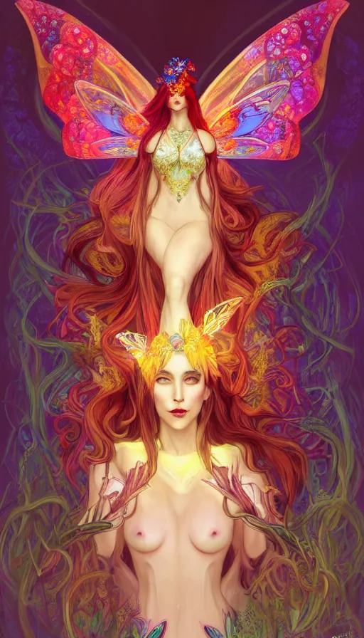 Image similar to a colorful and stunningly beautiful female faerie priestess in amanita muscaria forest landscape, symmetrical wings on back, neon hair, fantasy art, wearing a dress of gossamer gold, dark light night, sharp focus, digital painting, 4 k, concept art, art by charlie bowater and alphonse mucha, brom, face by otto schmidt