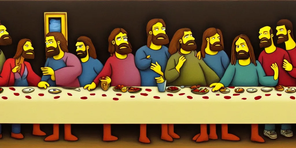 Image similar to last supper styled as simpsons, art, trending in artsation, winning award painting, oleo style,