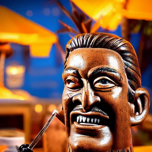 Image similar to a closeup photorealistic photograph of smiling salvador dali at trader vic's bar sitting next to a trader vic's style tiki mug featuring the face of salvador dali. tiki culture. bright scene. 4 k hd image that's trending on artstation, featured on behance, well rendered, extra crisp, features epic composition and the style of unreal engine.