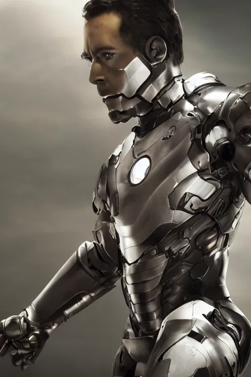 Image similar to ryan reynolds in a silver and black nano technology iron man suit, cinematic, volumetric lighting, f 8 aperture, cinematic eastman 5 3 8 4 film, photorealistic