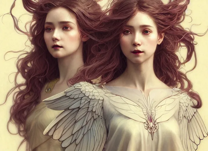 Image similar to portrait of 3 women with flowy hair, wings, confident pose, pixie, genshin impact, intricate, elegant, sharp focus, soft bokeh, illustration, highly detailed, concept art, matte, trending on artstation, bright colors, art by wlop and artgerm and greg rutkowski, mucha, giger, marvel comics