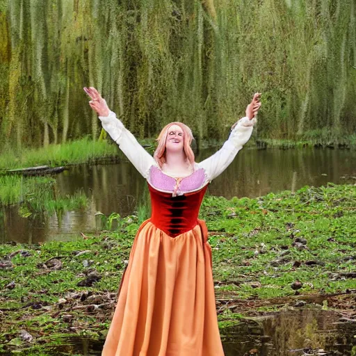 Prompt: Fiona from Shrek, dancing in a mediaeval dress in a swamp