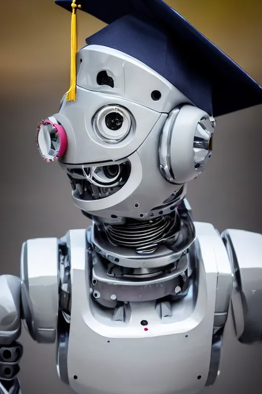 Image similar to a portrait photo of a extremely detailed robot wearing a oxford graduation hat. nikon z 9. 5 0 mm, f / 1. 8 photography. portrait photography. ultra hd, 8 k, graduation photo